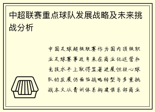 中超联赛重点球队发展战略及未来挑战分析
